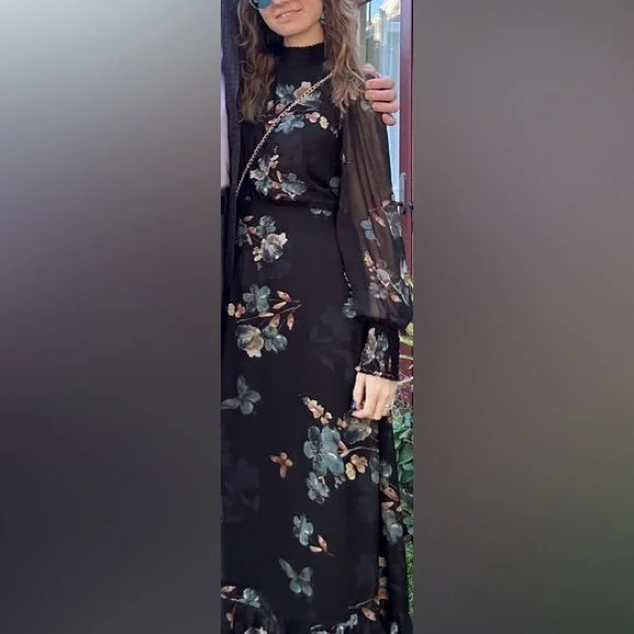 Baltic Born Luciana Floral High Neck Long Sleeve Maxi Dress Black Blue Sz Large - Picture 8 of 15